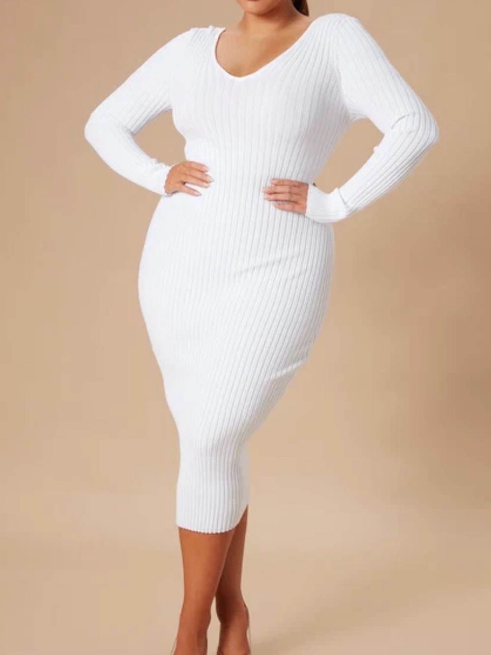 Fashion Nova White Ribbed Long Sleeve Bodycon Midi Dress Cozy Minimalist